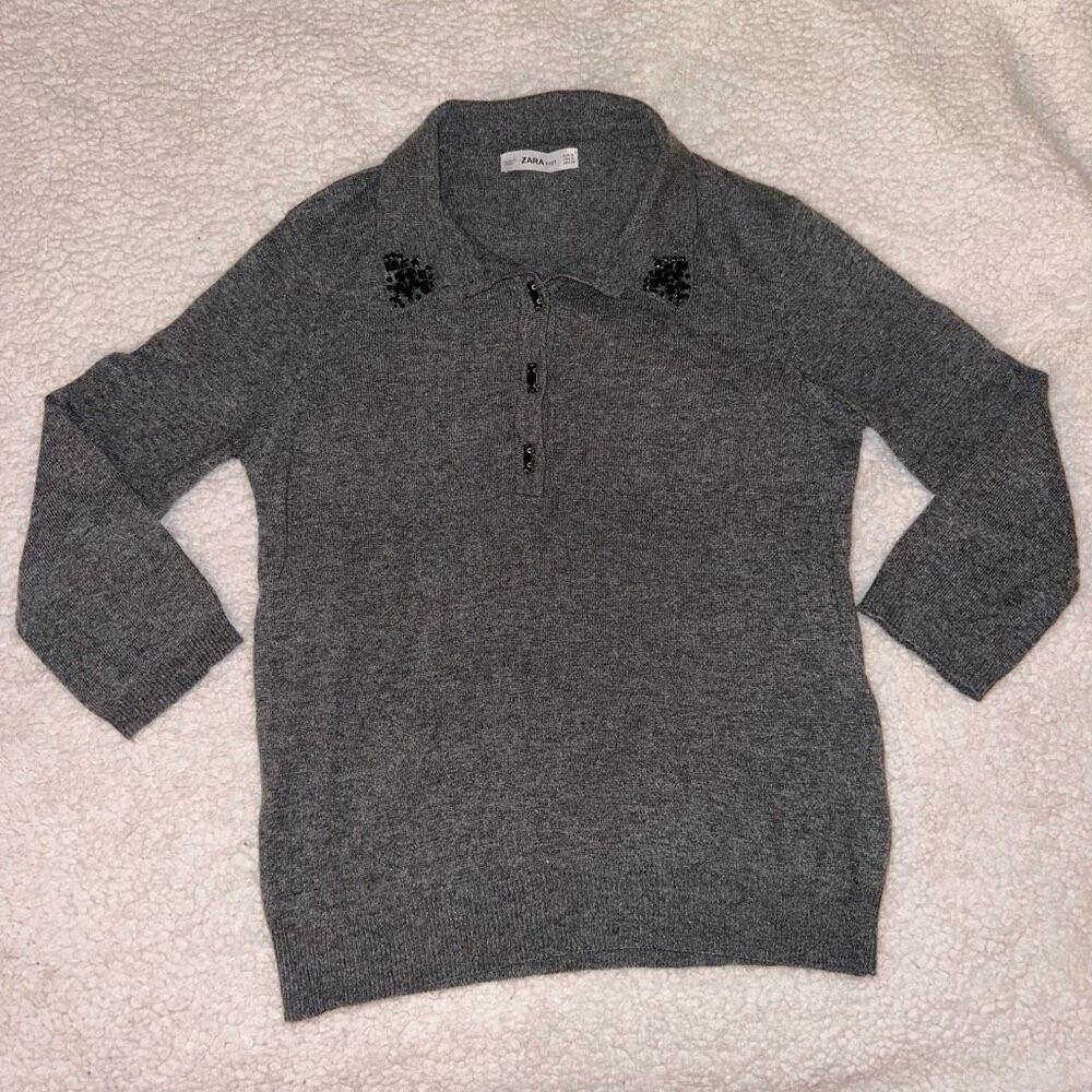 Zara Small Onyx Gemstone Collared Button Wool Blend Womens Sweater Gently Worn